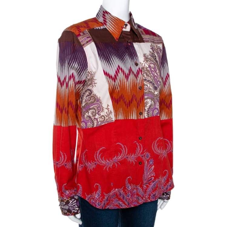 Pre Owned Etro Orange & Fuschia Ikat Floral Printed Stretch Cotton Button Front Shirt L