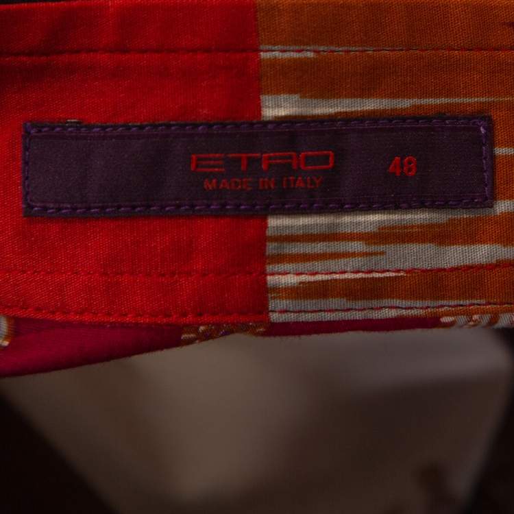 Pre Owned Etro Orange & Fuschia Ikat Floral Printed Stretch Cotton Button Front Shirt L