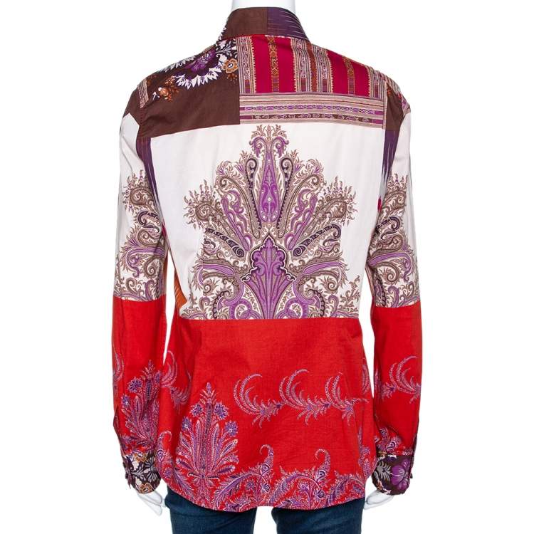Pre Owned Etro Orange & Fuschia Ikat Floral Printed Stretch Cotton Button Front Shirt L
