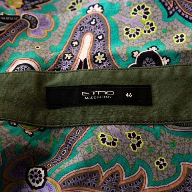Pre Owned Etro Jade Green Floral Paisley Print Stretch Cotton Long Sleeve Shirt L