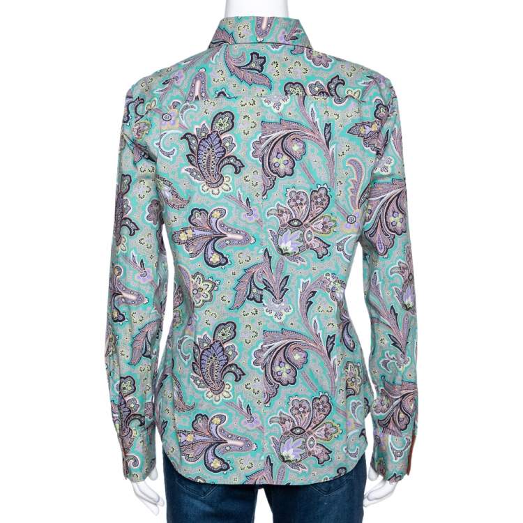 Pre Owned Etro Jade Green Floral Paisley Print Stretch Cotton Long Sleeve Shirt L