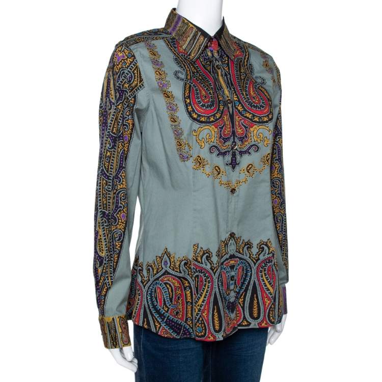 Pre Owned Etro Sage Green Paisley Print Stretch Cotton Long Sleeve Shirt L