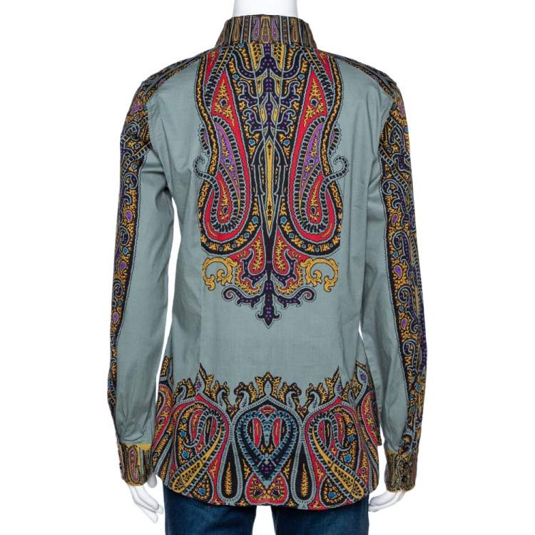 Pre Owned Etro Sage Green Paisley Print Stretch Cotton Long Sleeve Shirt L