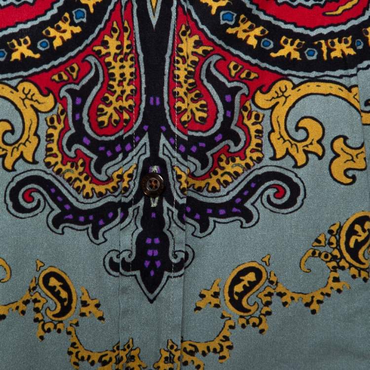 Pre Owned Etro Sage Green Paisley Print Stretch Cotton Long Sleeve Shirt L