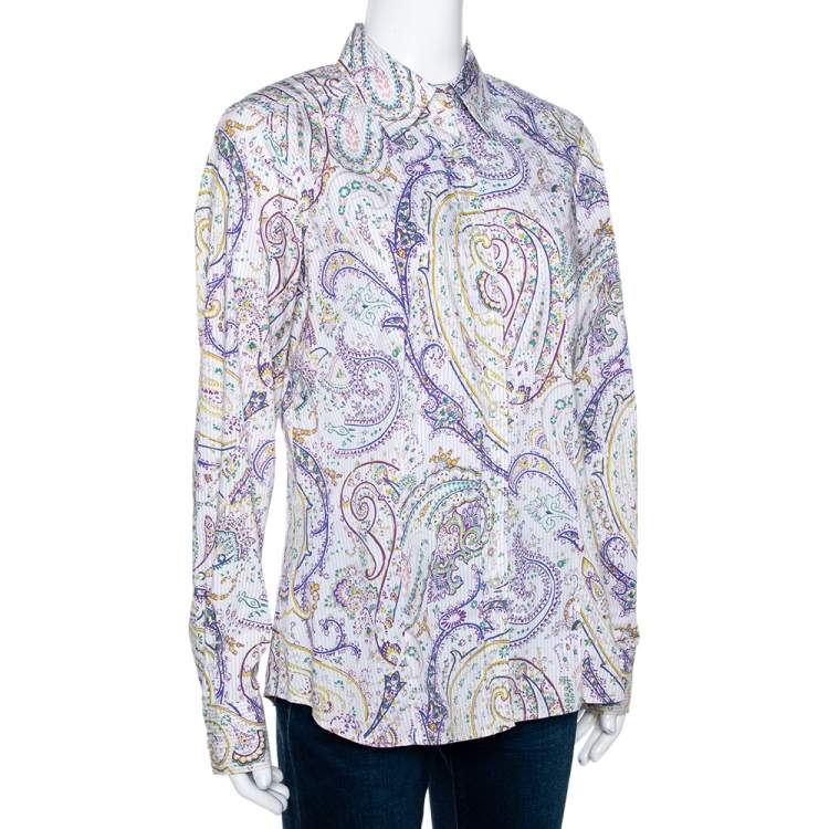 Pre Owned Etro Multicolor Striped Paisley Printed Cotton Button Front Shirt L