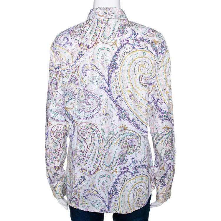 Pre Owned Etro Multicolor Striped Paisley Printed Cotton Button Front Shirt L