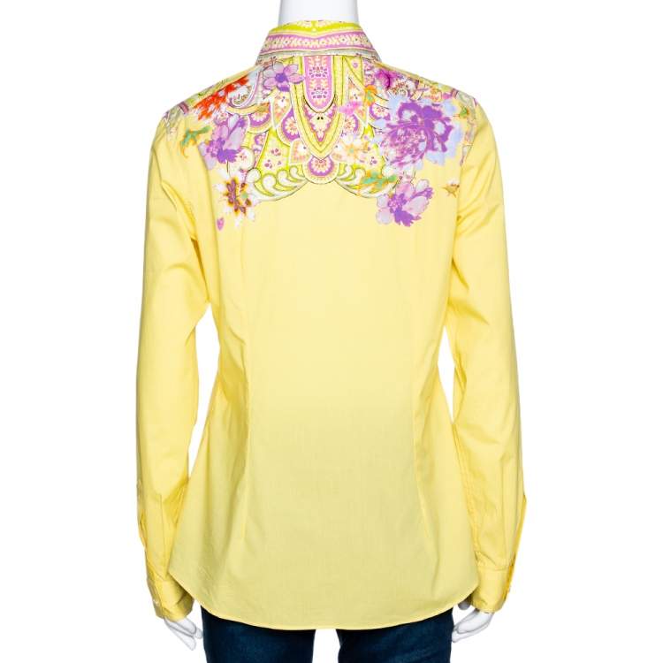 Pre Owned Etro Yellow Floral Paisley Printed Cotton Button Front Shirt L