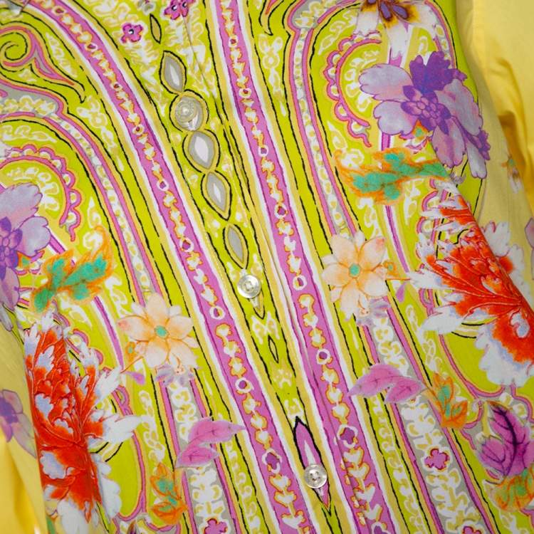 Pre Owned Etro Yellow Floral Paisley Printed Cotton Button Front Shirt L