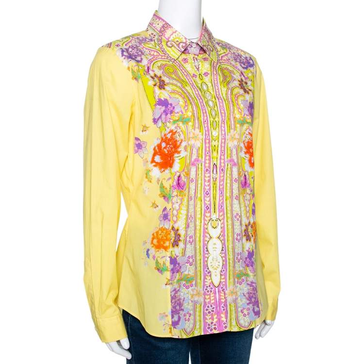 Pre Owned Etro Yellow Floral Paisley Printed Cotton Button Front Shirt L