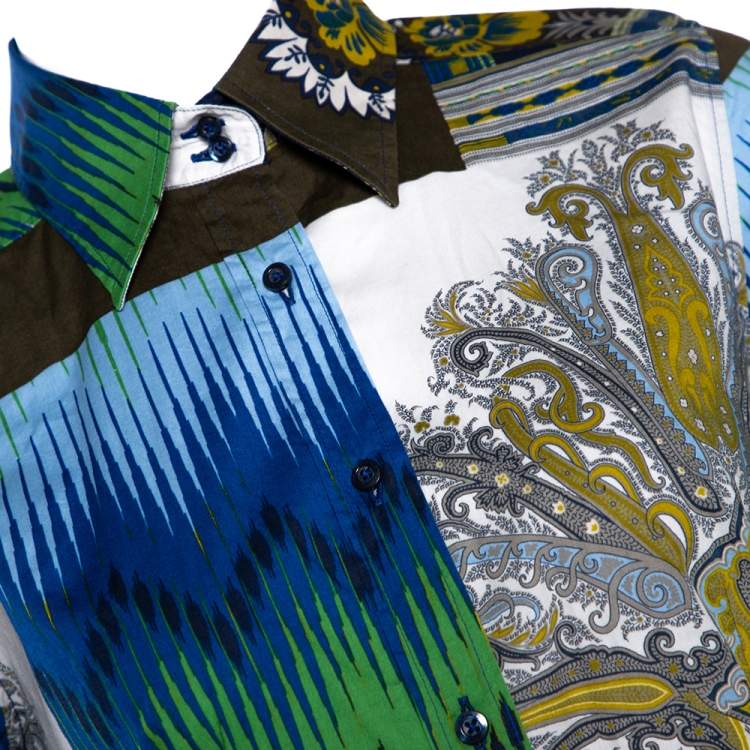 مملوكة مسبقًا Etro Navy Blue Ikat Paisley Print Stretch Cotton Shirt M