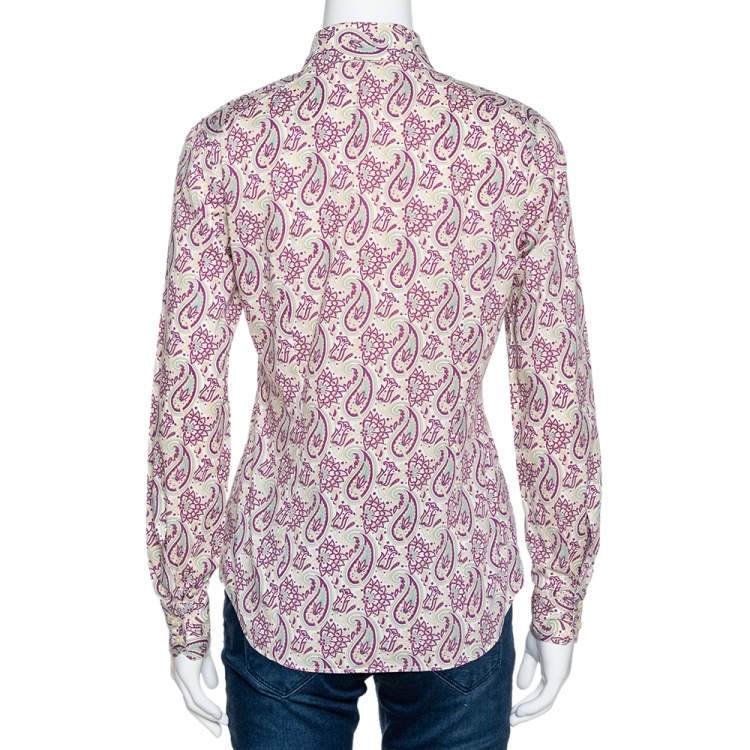 Pre Owned Etro Sage Green & Purple Paisley Printed Cotton Shirt S