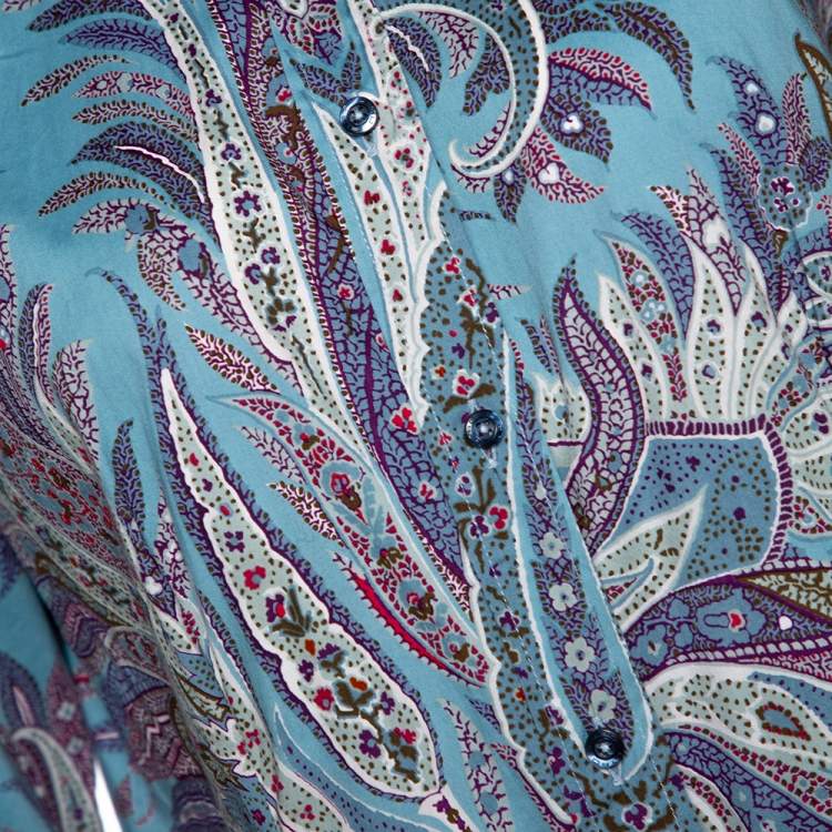 Pre Owned Etro Teal Paisley Print Stretch Cotton Long Sleeve Shirt L