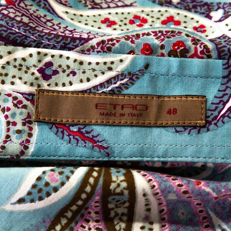 Pre Owned Etro Teal Paisley Print Stretch Cotton Long Sleeve Shirt L