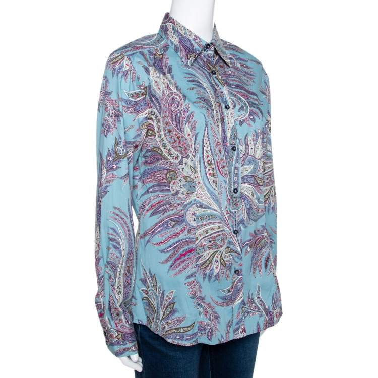 Pre Owned Etro Teal Paisley Print Stretch Cotton Long Sleeve Shirt L