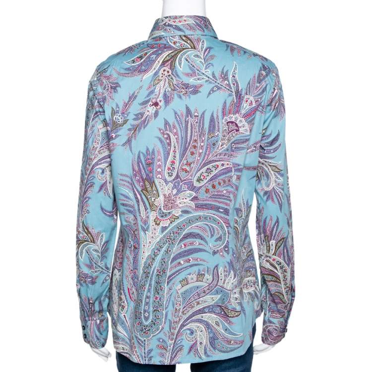 Pre Owned Etro Teal Paisley Print Stretch Cotton Long Sleeve Shirt L