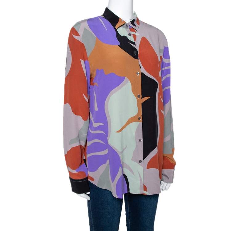 Pre Owned Etro Multicolor Abstract Printed Silk Crepe Button Front Shirt L