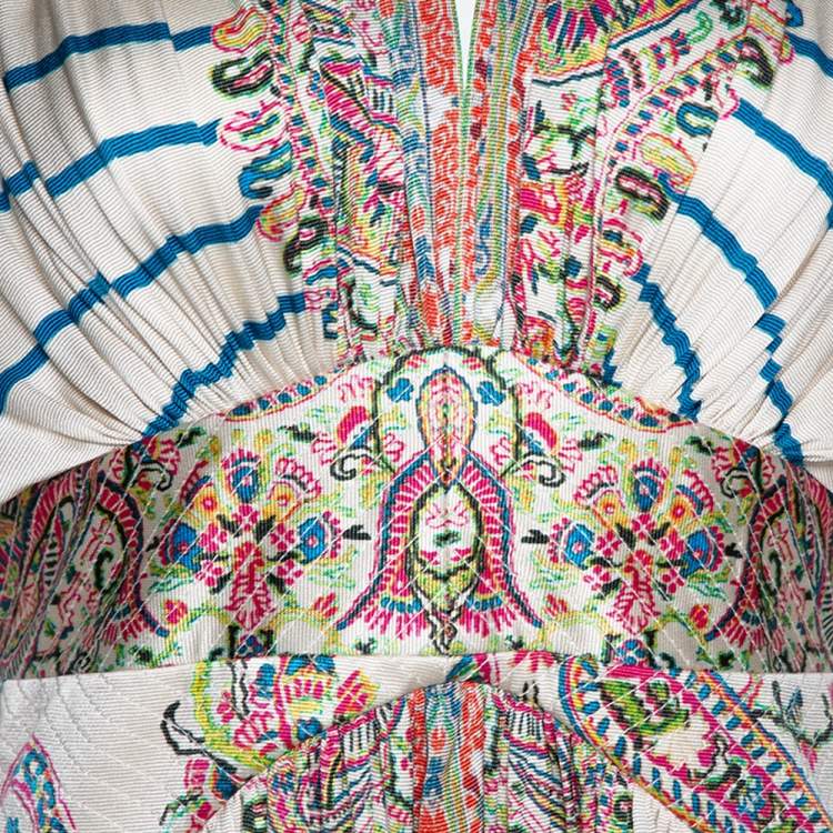 مملوكة مسبقًا Etro Cream Striped & Paisley Print Silk Gathered Midi Dress S