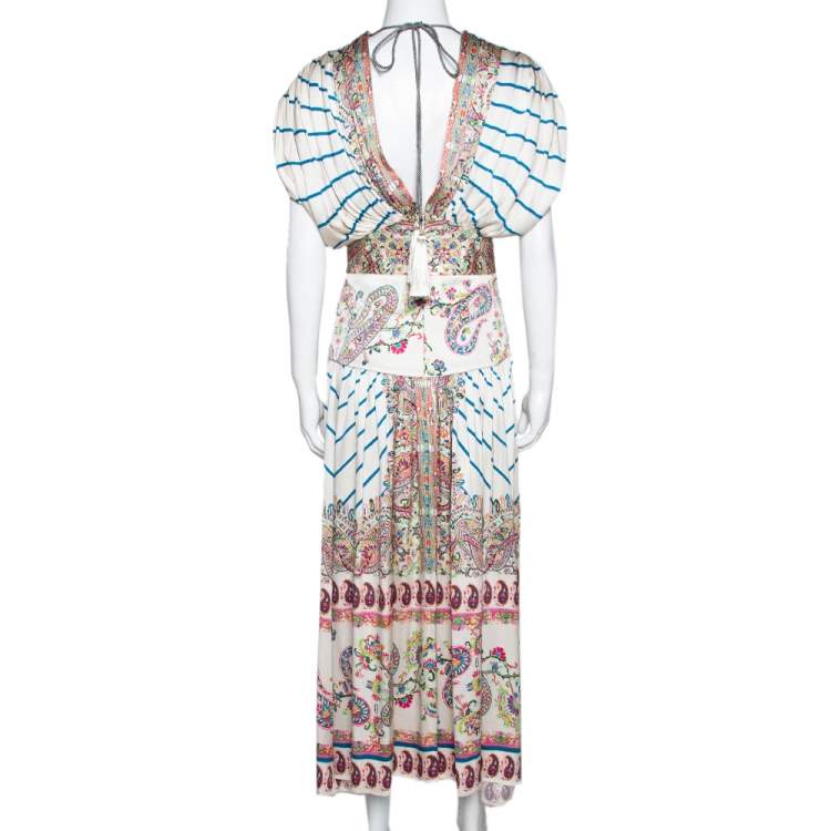 مملوكة مسبقًا Etro Cream Striped & Paisley Print Silk Gathered Midi Dress S