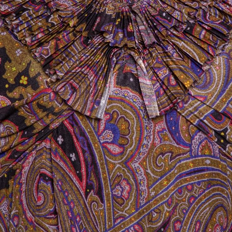 Pre Owned Etro Olive Green Paisley Print Stretch Jersey Ruffled Maxi Dress S
