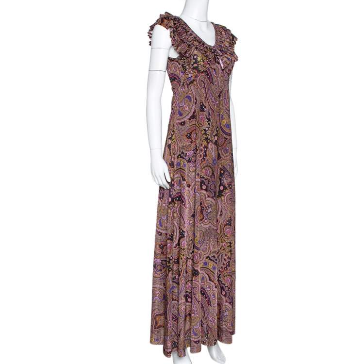 Pre Owned Etro Olive Green Paisley Print Stretch Jersey Ruffled Maxi Dress S