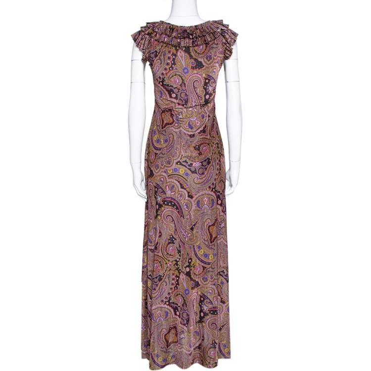 Pre Owned Etro Olive Green Paisley Print Stretch Jersey Ruffled Maxi Dress S