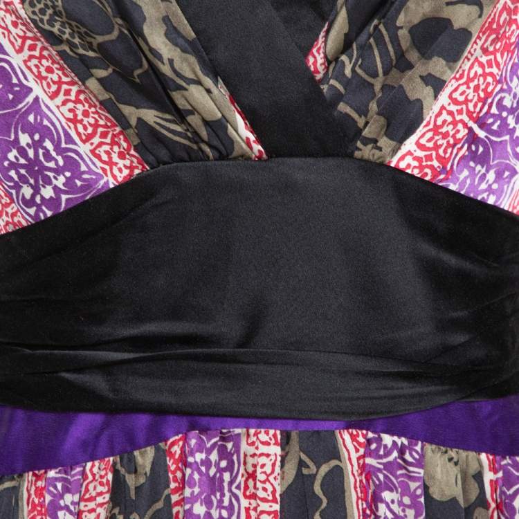 Pre Owned Etro Black Paneled Floral Print Silk Halter Neck Maxi Dress M