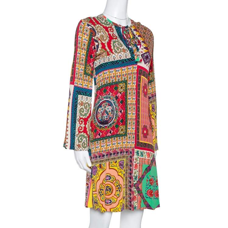 Pre Owned Etro Multicolor Patchwork Print Jersey V-Neck Shift Dress S