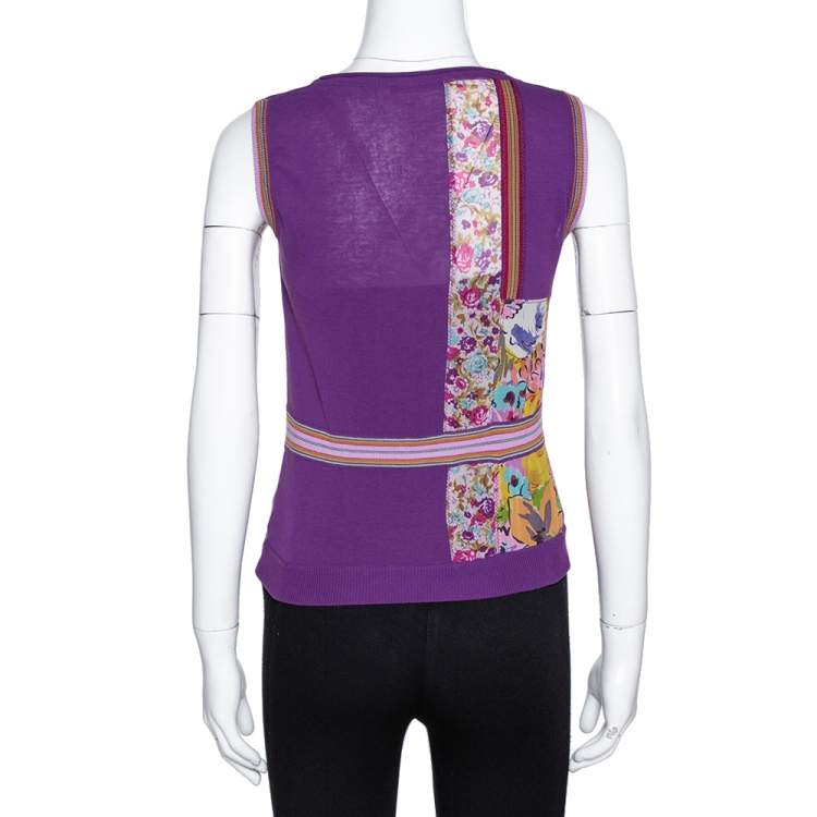 Pre Owned Etro Purple Silk & Knit Patched Sleeveless Top S
