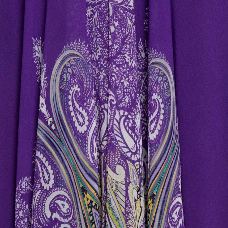 Pre Owned Etro Purple Paisley Border Printed Sheer Silk Maxi Kaftan ( One Size )