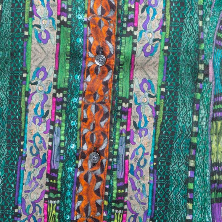 Pre Owned Etro Green Printed Stretch Cotton Long Sleeve Shirt L
