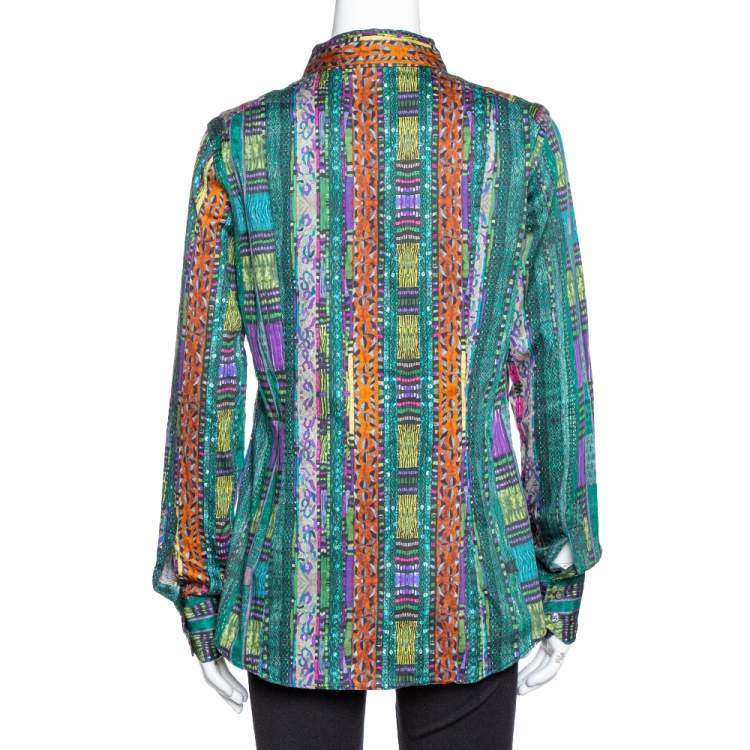 Pre Owned Etro Green Printed Stretch Cotton Long Sleeve Shirt L