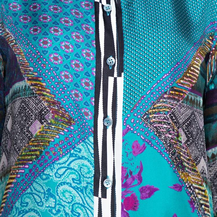 Pre Owned Etro Teal Blue Floral Print Silk Long Sleeve Shirt M