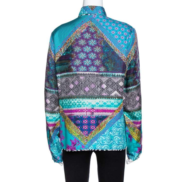 Pre Owned Etro Teal Blue Floral Print Silk Long Sleeve Shirt M