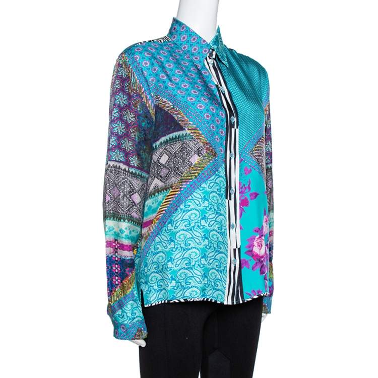 Pre Owned Etro Teal Blue Floral Print Silk Long Sleeve Shirt M