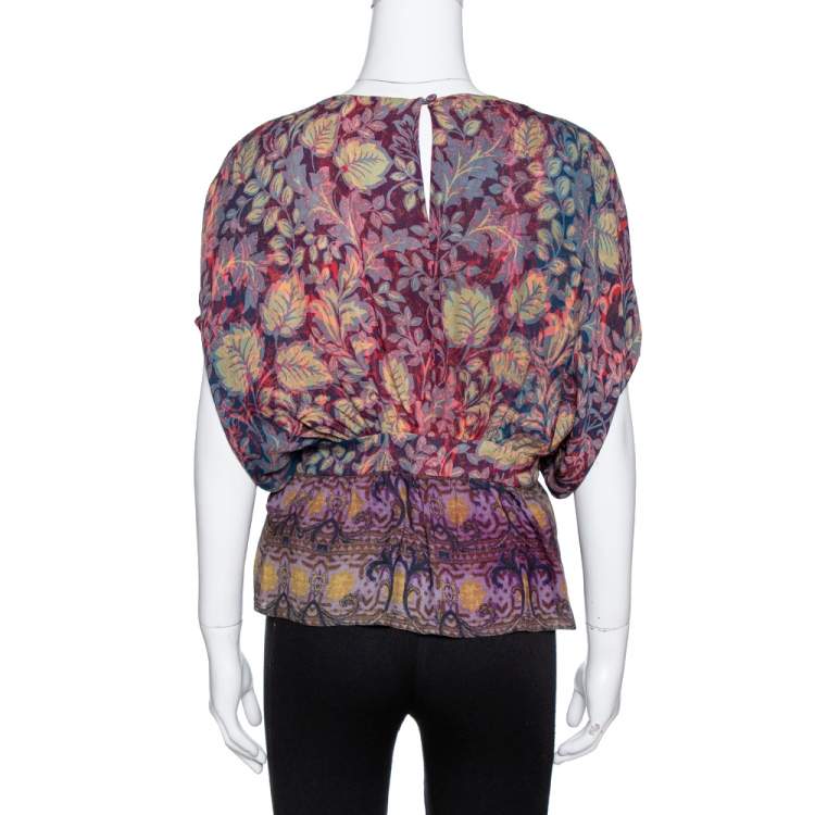 Pre Owned Etro Purple Leaf Print Silk Chiffon Peplum Blouse S