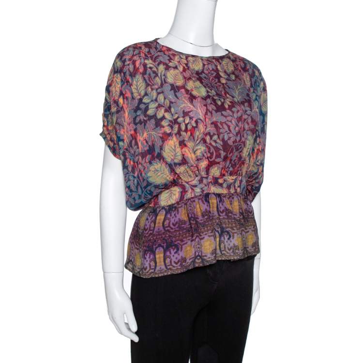 Pre Owned Etro Purple Leaf Print Silk Chiffon Peplum Blouse S