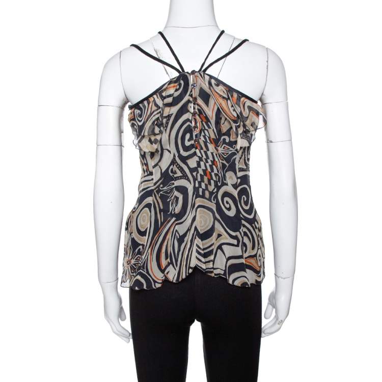 Pre Owned Etro Black Printed Silk Ruffled Halter Neck Top M