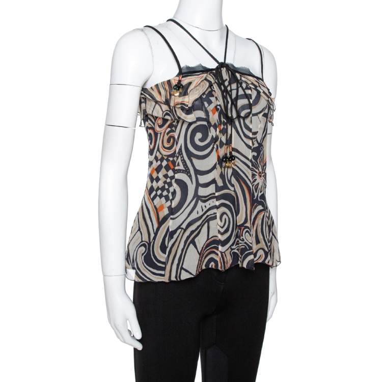 Pre Owned Etro Black Printed Silk Ruffled Halter Neck Top M