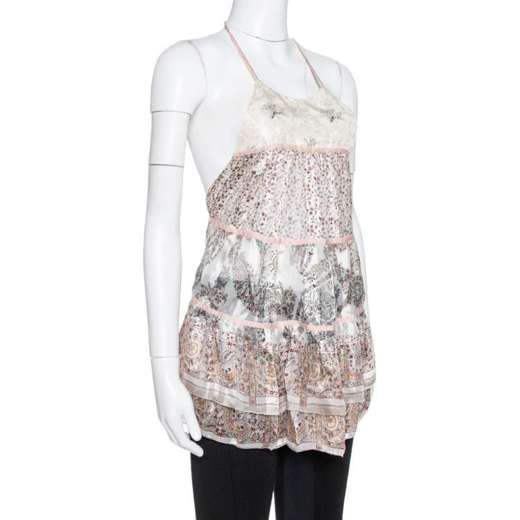 Pre Owned Etro Cream Floral Print Silk Sheer Open Back Halter Neck Top M