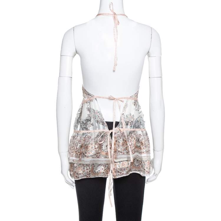 Pre Owned Etro Cream Floral Print Silk Sheer Open Back Halter Neck Top M