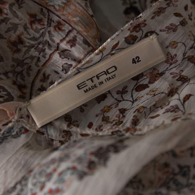 Pre Owned Etro Cream Floral Print Silk Sheer Open Back Halter Neck Top M