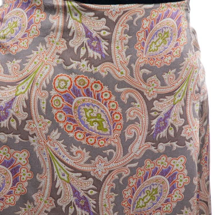 Pre Owned Etro Greige Paisley Print Silk Satin Maxi Skirt L