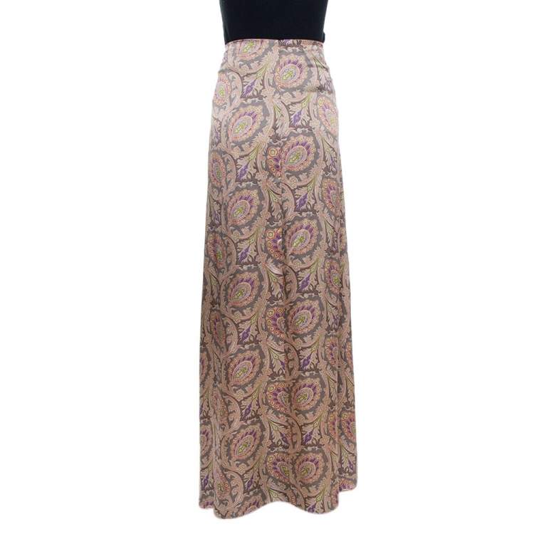 Pre Owned Etro Greige Paisley Print Silk Satin Maxi Skirt L