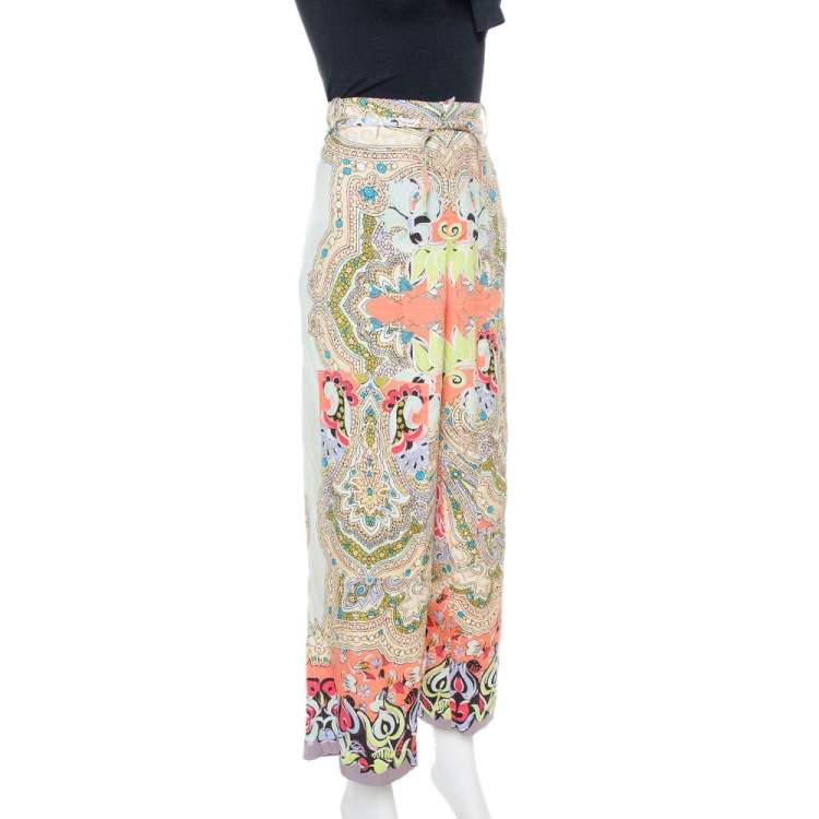 Pre Owned Etro Multicolor Floral Print Silk Crepe Palazzo Pants L