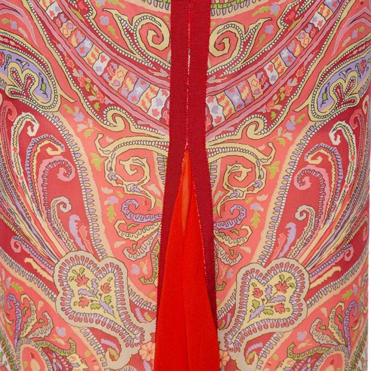 Pre Owned Etro Coral Silk Paisley Print Zip Detail Skirt M
