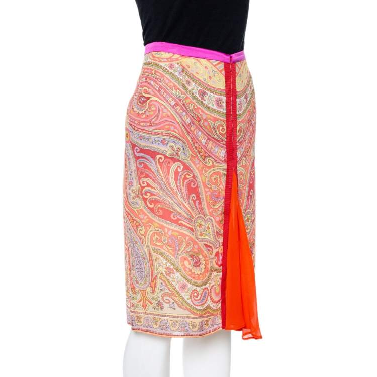 Pre Owned Etro Coral Silk Paisley Print Zip Detail Skirt M