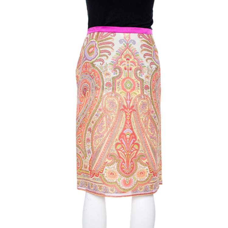 Pre Owned Etro Coral Silk Paisley Print Zip Detail Skirt M