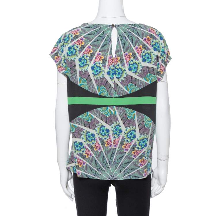 Pre Owned Etro Green Paisley Printed Silk Cowl Neck Top L
