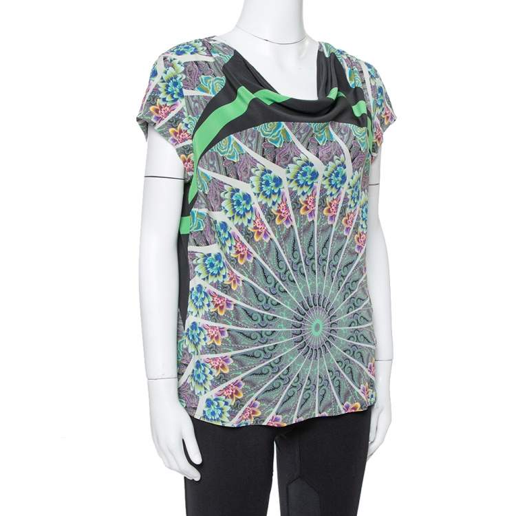 Pre Owned Etro Green Paisley Printed Silk Cowl Neck Top L