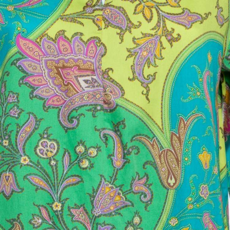 Pre Owned Etro Green Cotton Printed Crepe de Chine Dress L